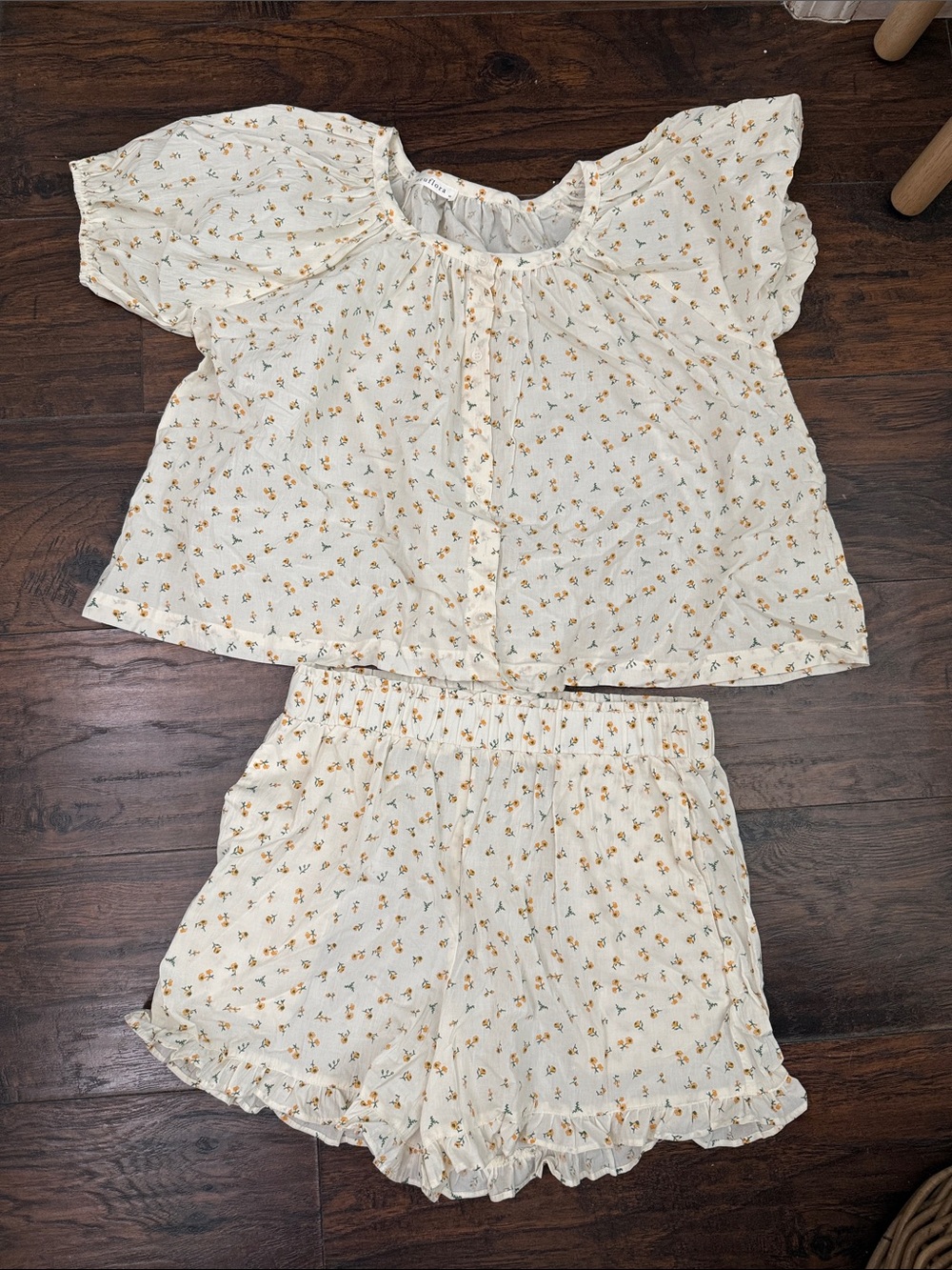 Cream Floral Short Sleeve Pajama Set - Lightweight Top & Shorts